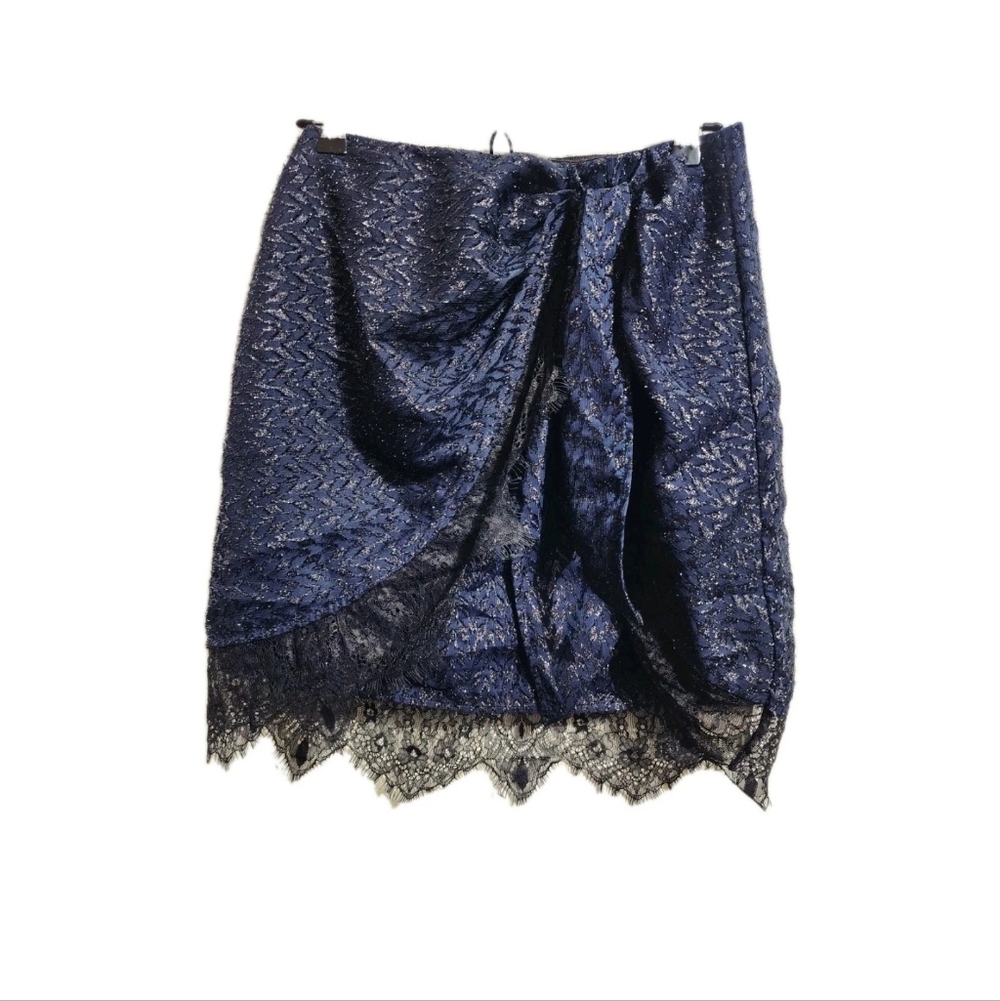 Self-Portrait Navy Metallic Lace Trim Faux Wrap Mini Skirt Size US 4